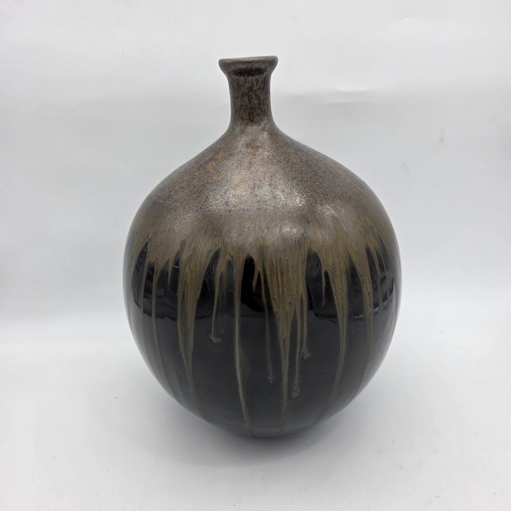 Vintage Large Hosley TM Brown Black Boho Drip Glaze Pottery Vase 12"